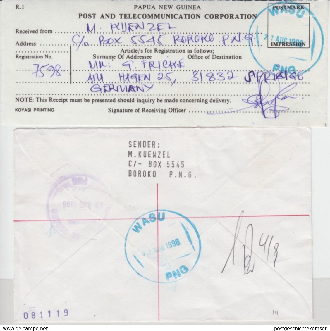 Papua New Guinea - Wasu 27.8.96 Luftpost Einschreibebrief Krabben - Papua-Neuguinea