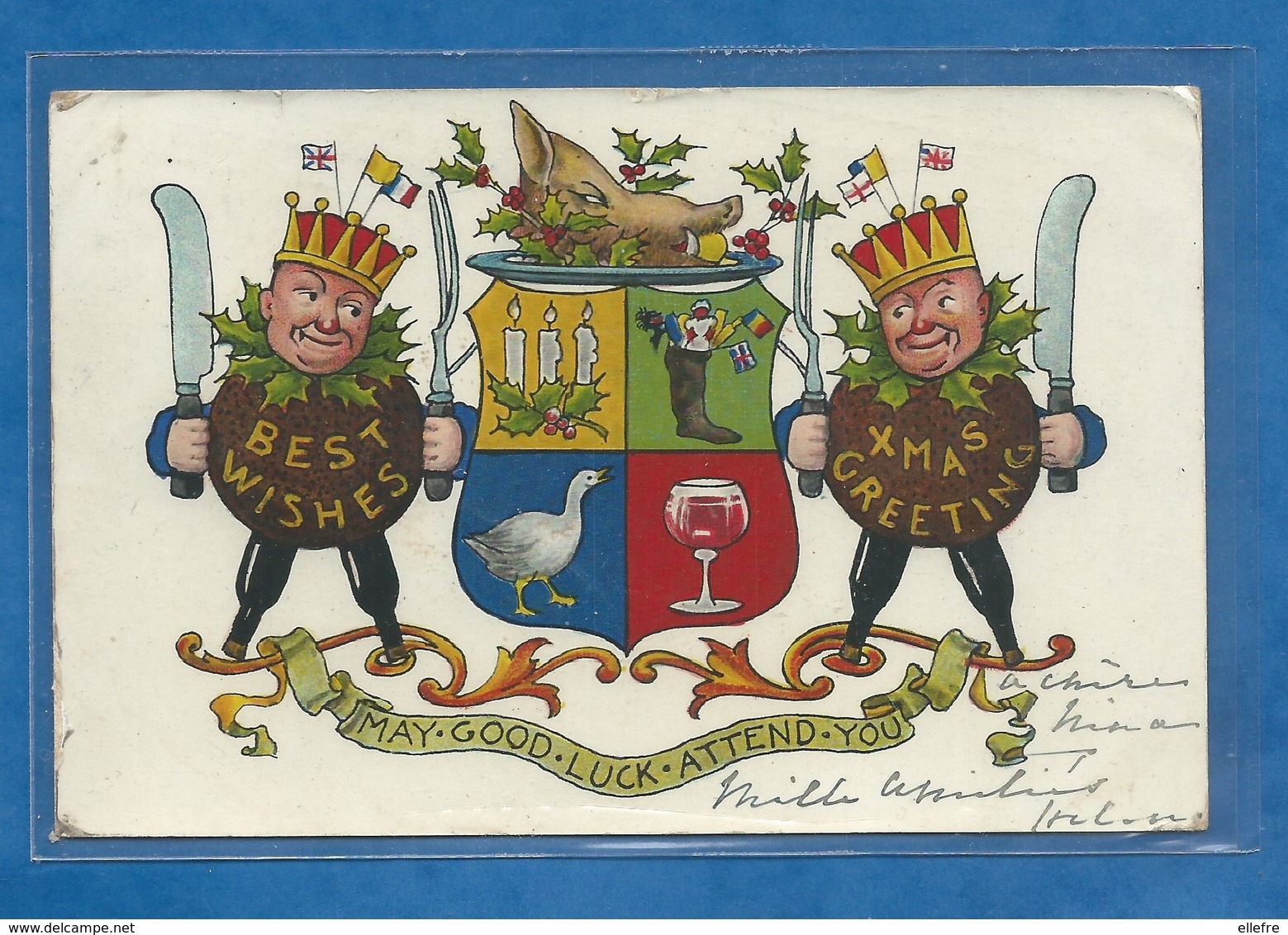 CPA Best Wishes Festin Des Rois De L' Épiphanie Blason Houx Tête De Cochon Couronne Avec Drapeaux London 1909 - Nouvel An