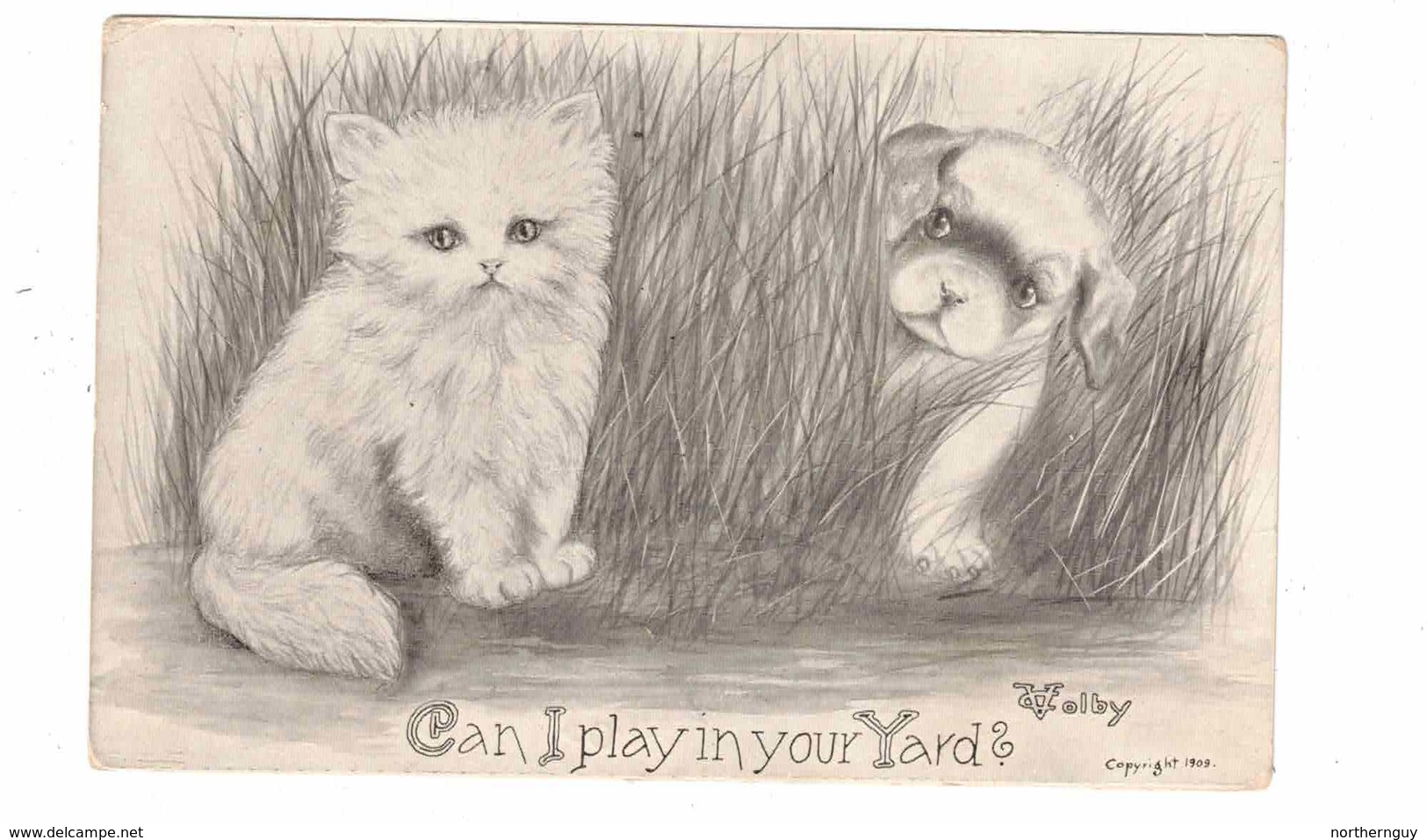 Kitten And Puppy In Grass, Signed Artist "V Colby" USA, 1909 Postcard Split Ring Cancel HEADFORD Ontario Canada - Paterson