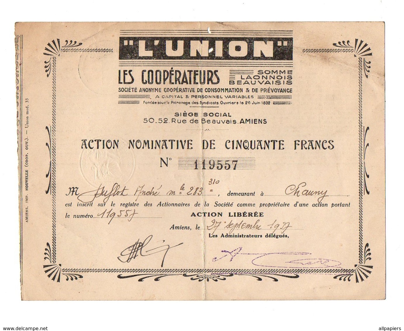 Action Nominative De Cinquante Francs N°119557 "L'Union" Les Coopérateurs Somme Laonnois Beauvaisis De 1937 - Otros & Sin Clasificación