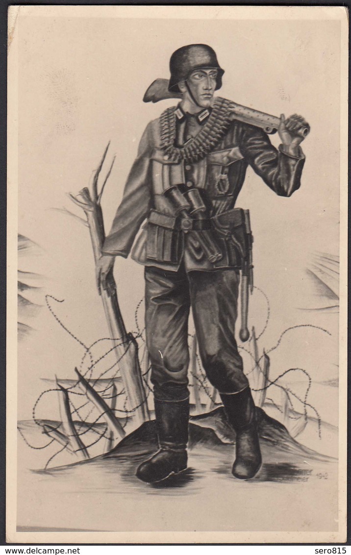 AK NS Militaria Propaganda Karte 3.Reich Soldat Mit MP  (24461 - Sonstige & Ohne Zuordnung