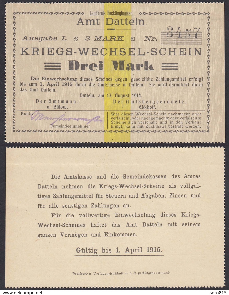 Datteln Westfalen 3 Mark Kriegs-Wechsel-Schein 1914  (25929 - Andere & Zonder Classificatie