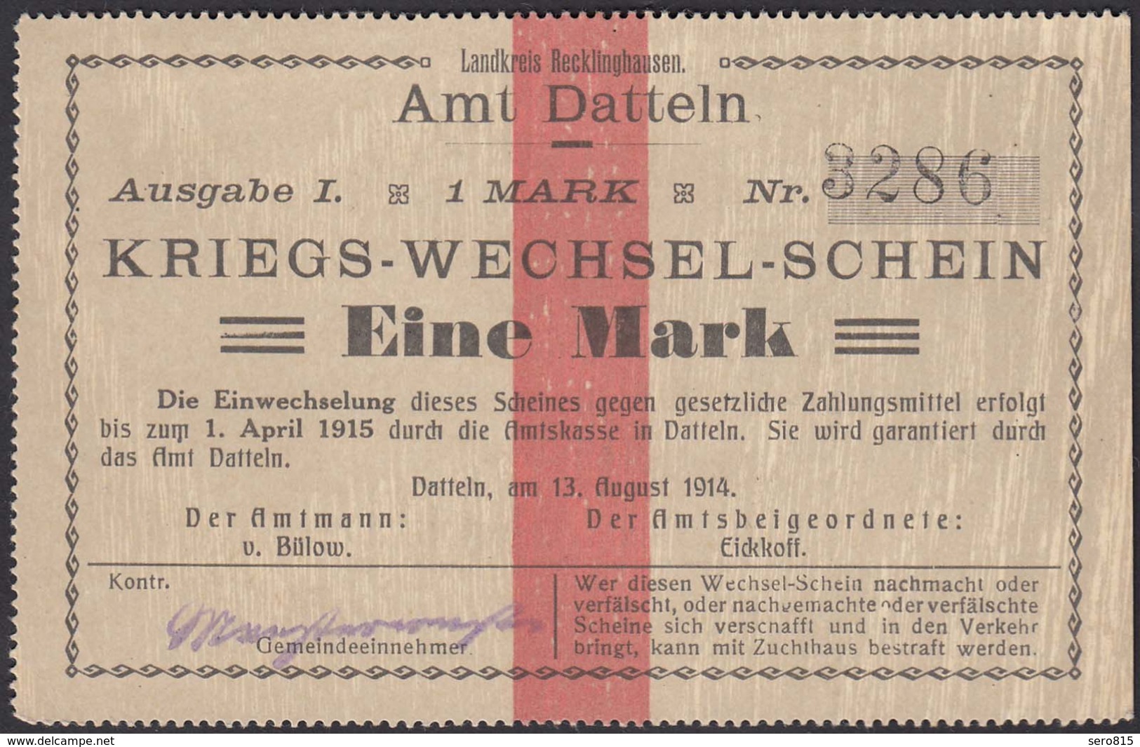 Datteln Westfalen 1 Mark Kriegs-Wechsel-Schein 1914  (25931 - Andere & Zonder Classificatie