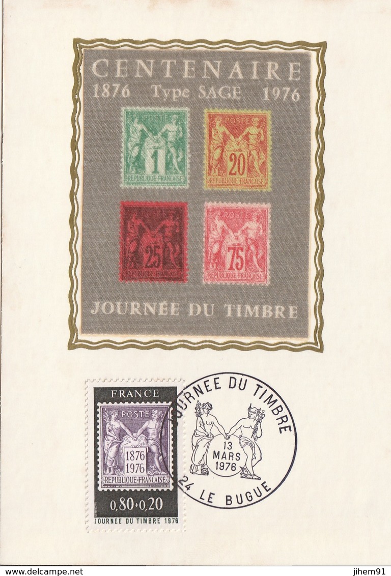 FDC Sur Carte De "Le Bugue - 24, Dordogne" Du 13-03-1978, "Journée Du Timbre" Centenaire Type Sage - 1970-1979