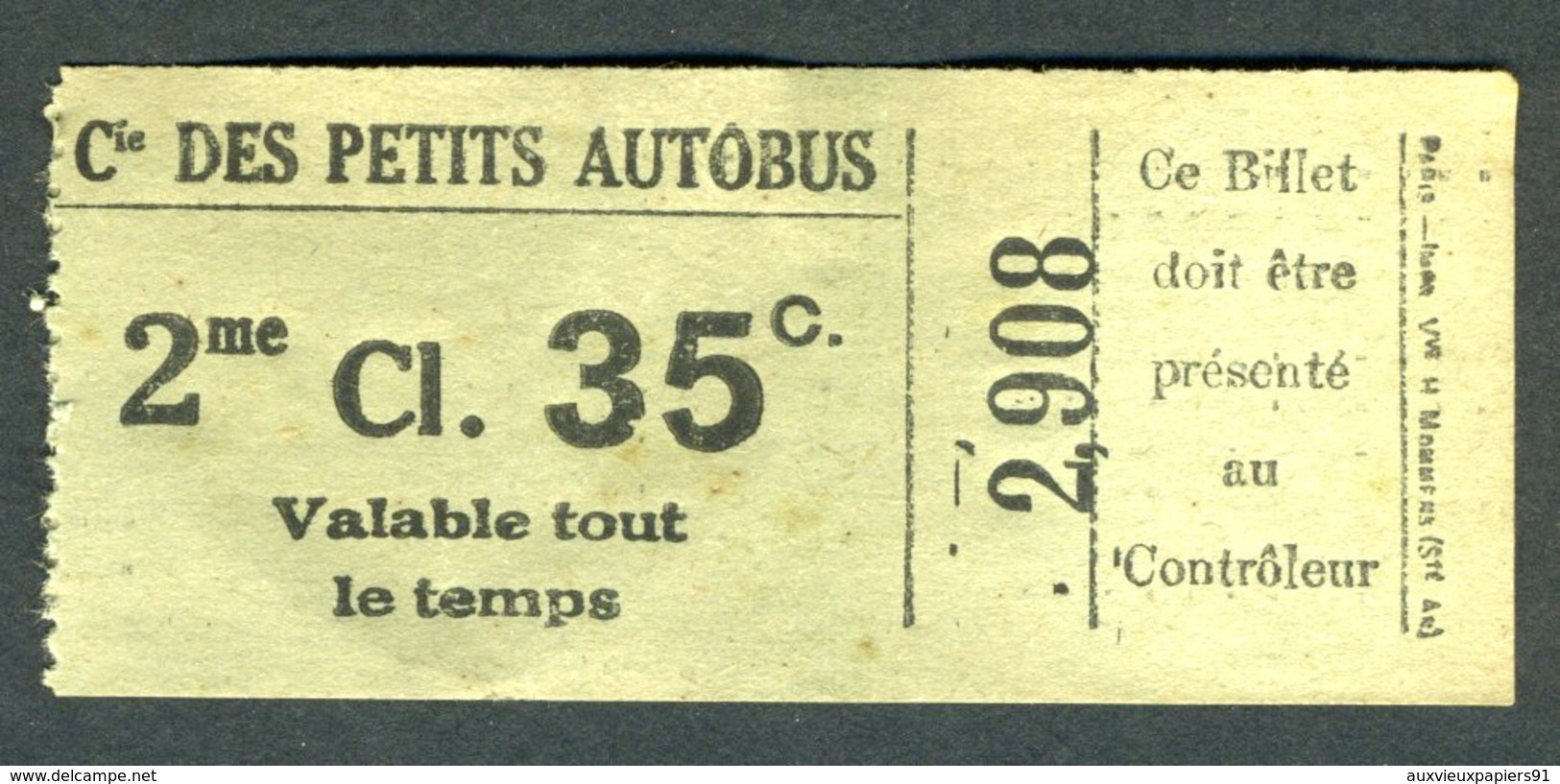 Ticket - Billet Ou Titre De Transport Bus - Cie Des Petits Autobus - Paris - 2 ème Classe - 35 C - Europe