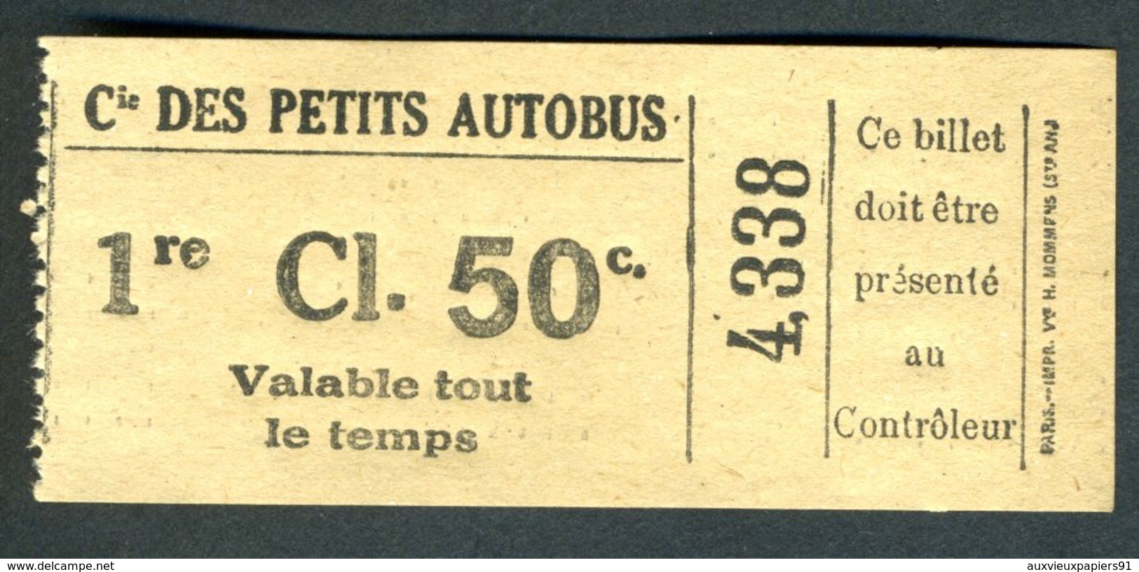 Ticket - Billet Ou Titre De Transport Bus - Cie Des Petits Autobus - Paris - 1 ère Classe - 50 C - Europe