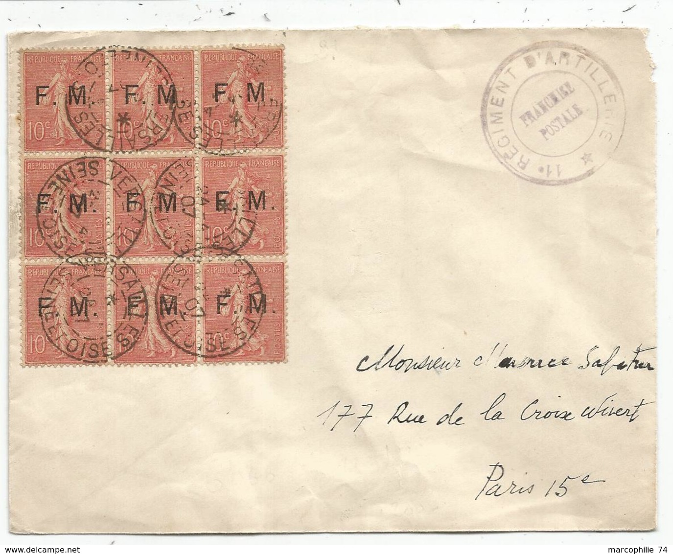 FM SEMEUSE 10C LIGNEE BLOC DE 6 LETTRE VERSAILLES 1907 LETTRE 11E REGIMENT D'ARTILLERIE TARIF ?? - Military Postage Stamps