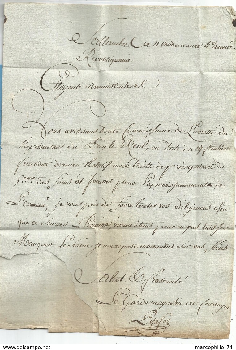 MARQUE MONT BLANC 84 SALLANCHES AN IV LETTRE LE GARDE MAGASIN DES FOURRAGES - 1792-1815: Dipartimenti Conquistati