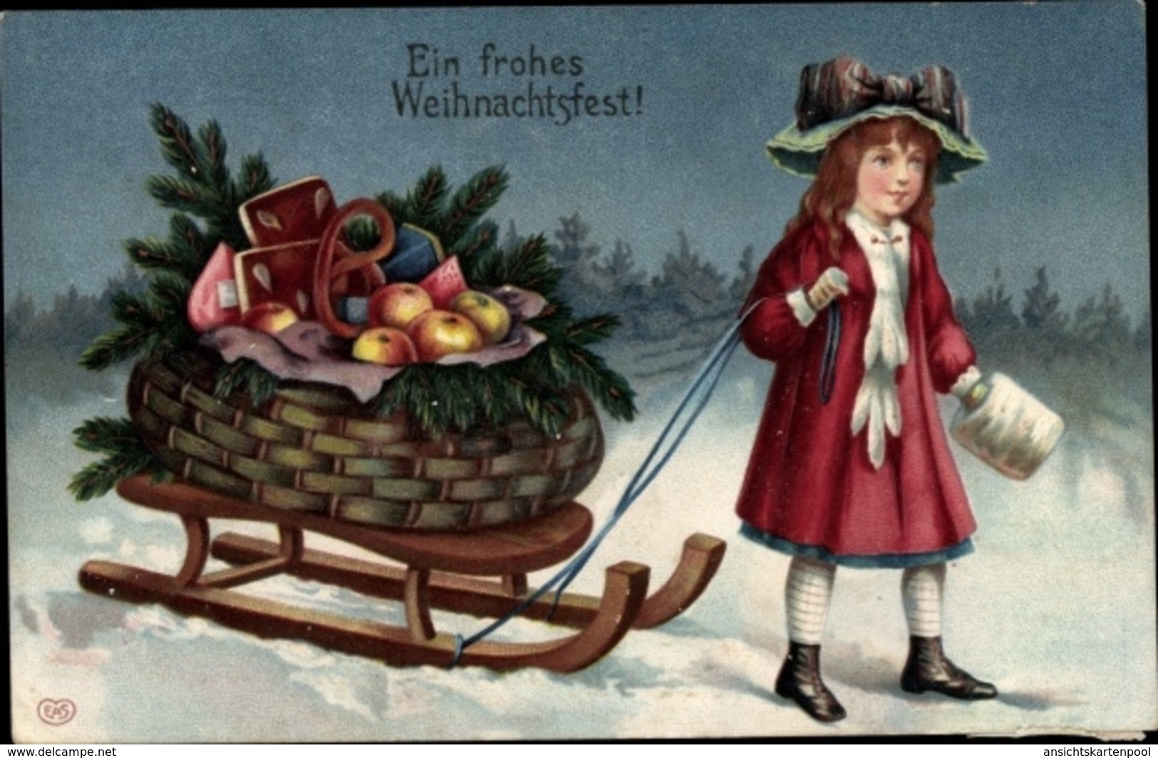 Gaufré Lithographie Glückwunsch Weihnachten, Mädchen Mit Schlitten, Äpfel, Lebkuchen, Brezel - Sonstige & Ohne Zuordnung