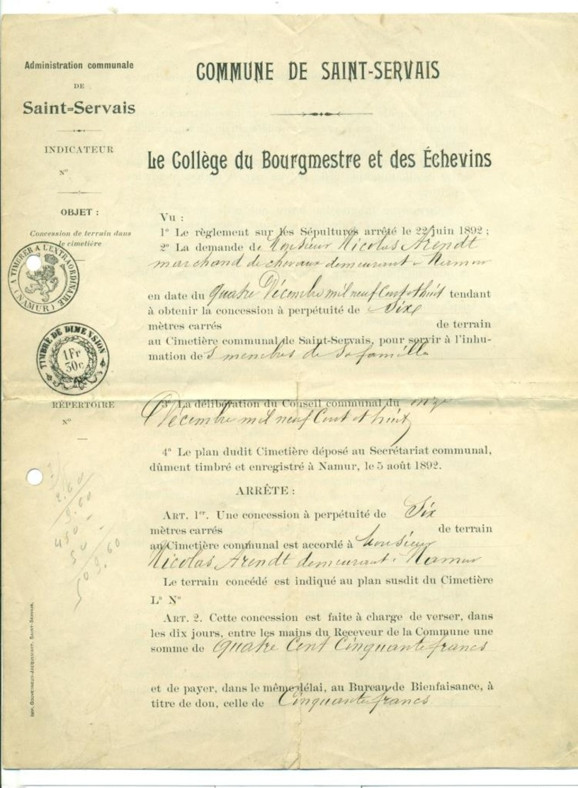 Saint Servais. 1908. Concession à Perpétuité. N. Arends. Art. Arrêté. - Non Classificati