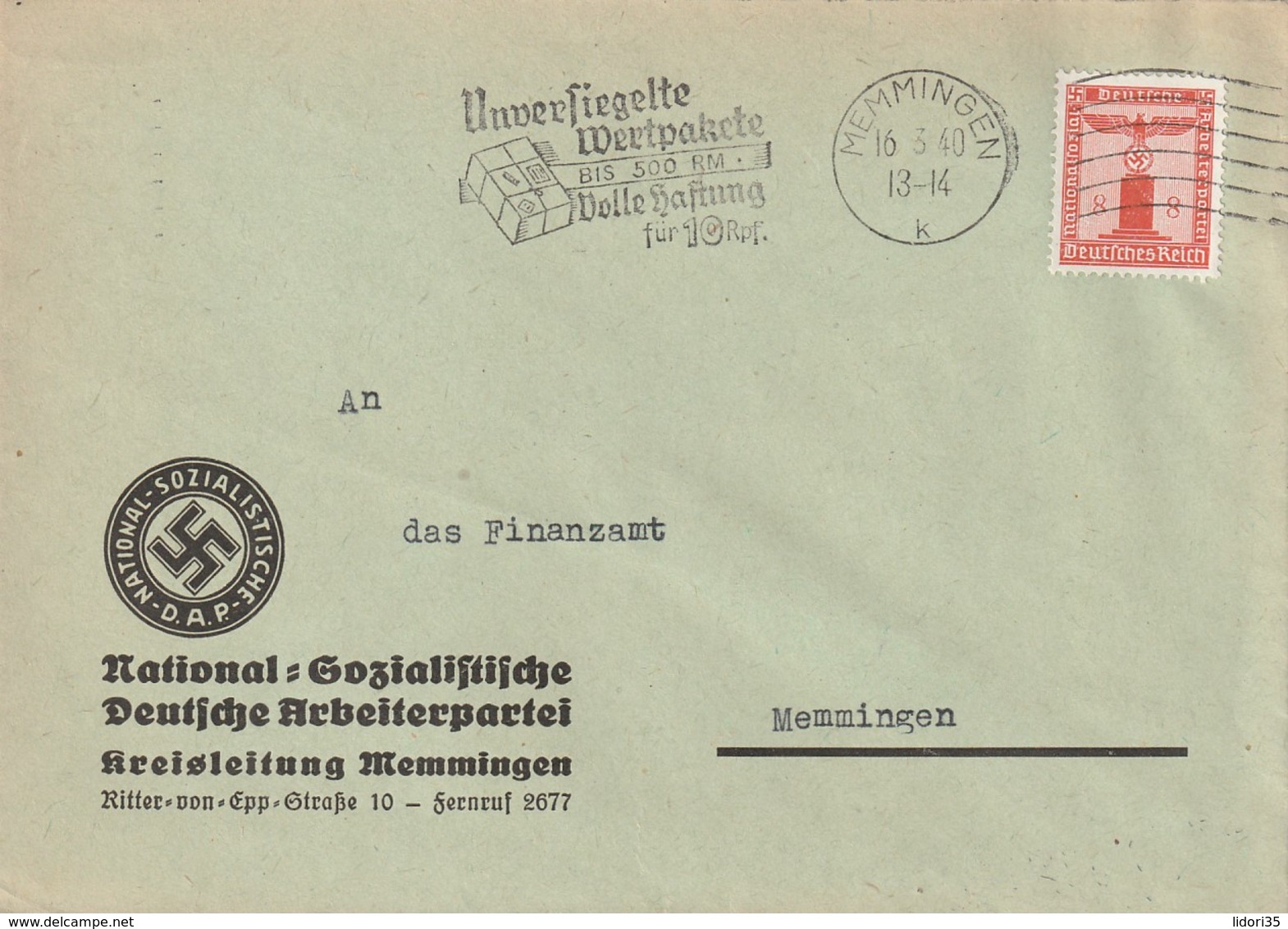 Deutsches Reich / 1938 / Dienstmarke Mi. 149 EF Auf Brief, Masch.-Stempel Memmingen, Abs. NSDAP-Kreisleitung (5448) - Officials