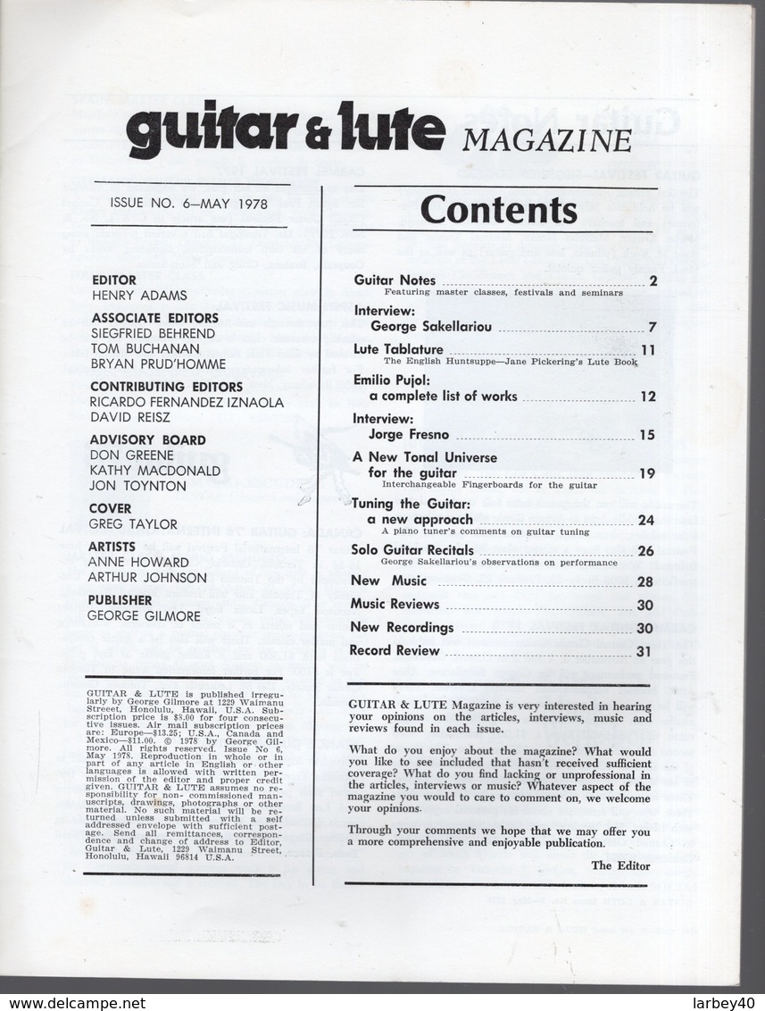 Revue De Musique -  Guitar & Lute N° 6 1978 - Musique
