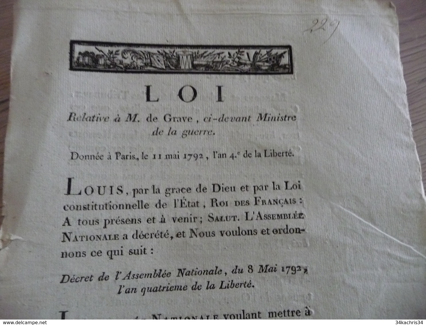 Loi Relative à M.De Grave 11/05/1792 Révolution Remise En Poste Ministre De La Guerre - Gesetze & Erlasse