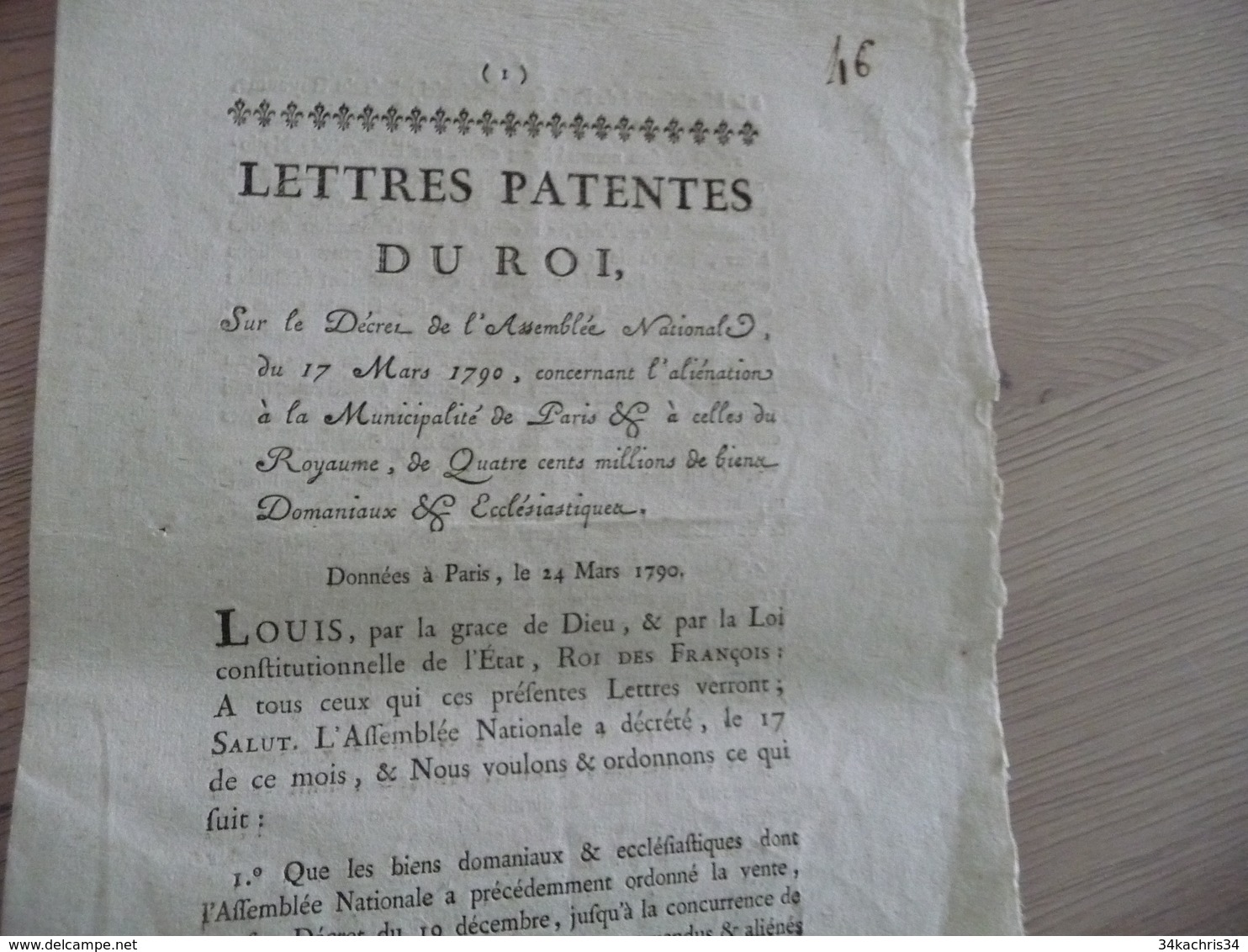 Révolution Lettres Patentes Du Roi 24/03/1790 Biens Domaniaux Et écclésiatiques - Decrees & Laws