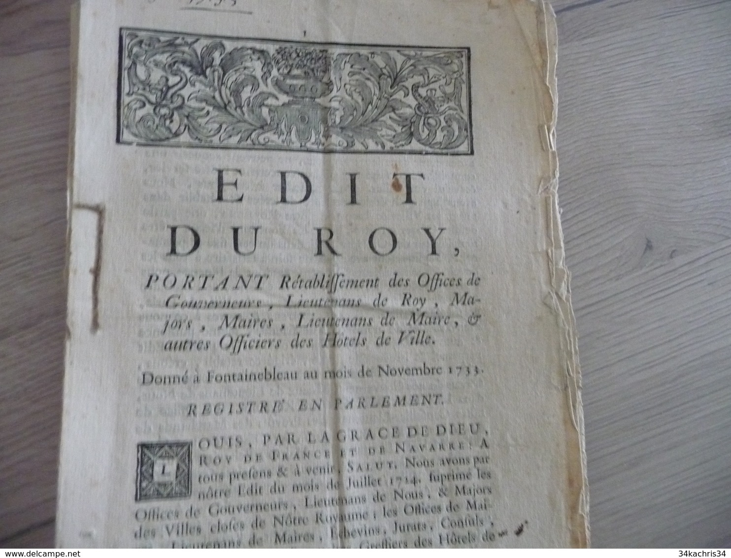 Edith Du Roi Novembre 1733 Rétablissements Offices De Gouverneurs, Lieutenants Majors Maires..... - Gesetze & Erlasse