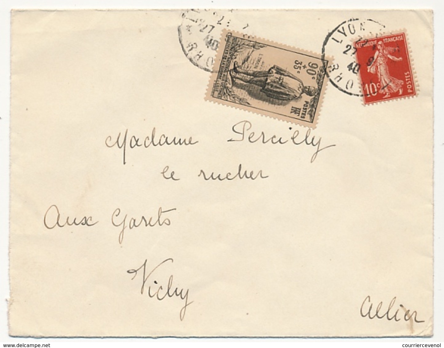 FRANCE - Enveloppe Affr 90c + 35C Monument National Victimes Civiles + 10c Semeuse - LYON 27-9-1940 - Covers & Documents