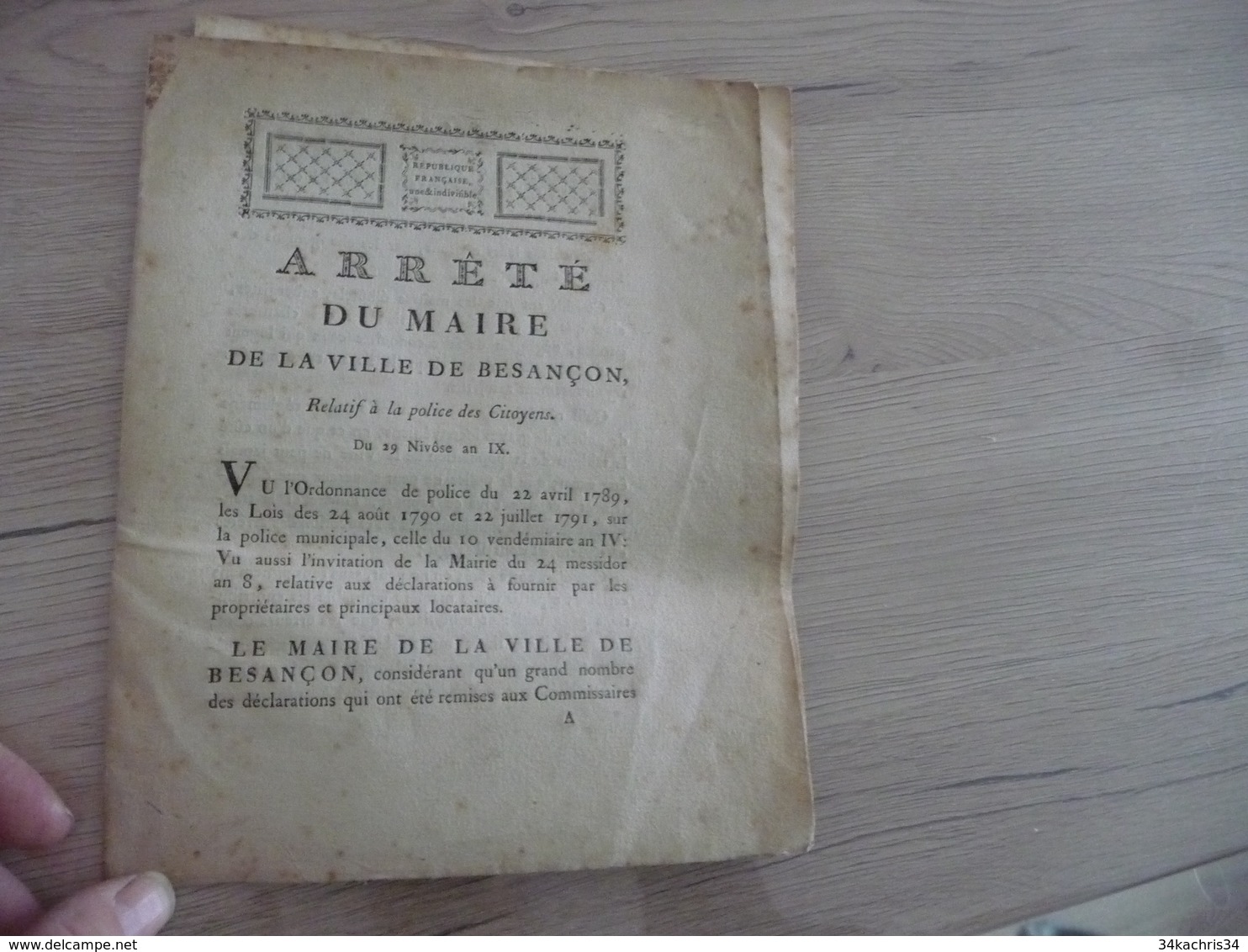 Arrété Du Maire De La Ville De Besançon Révolution 29 Nivôse An IX Recensement Passeport Déclarations étrangers - Gesetze & Erlasse