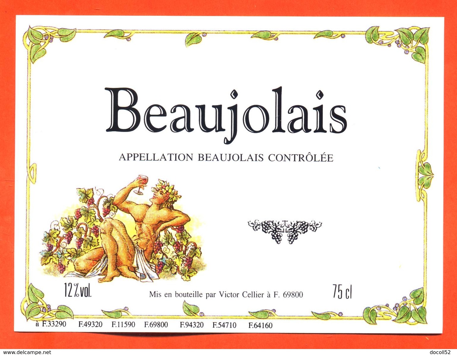 étiquette De Vin Beaujolais Victor Cellier à 69800 -75 Cl - Bachus - Beaujolais