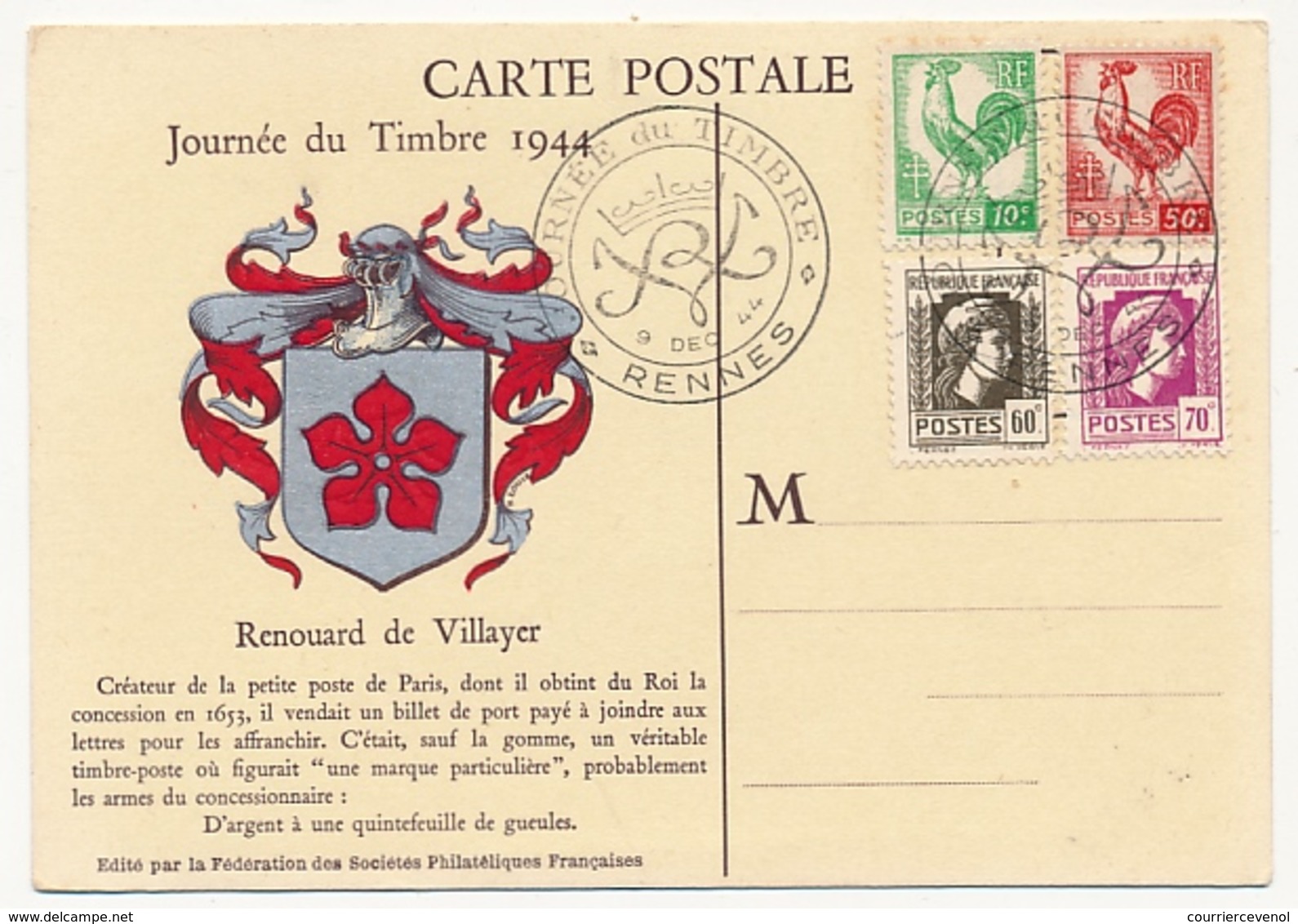 FRANCE => Carte Fédérale Journée Du Timbre 1944 Affr. Coq Et Marianne D'Alger - RENNES - 1944 Coq Et Marianne D'Alger