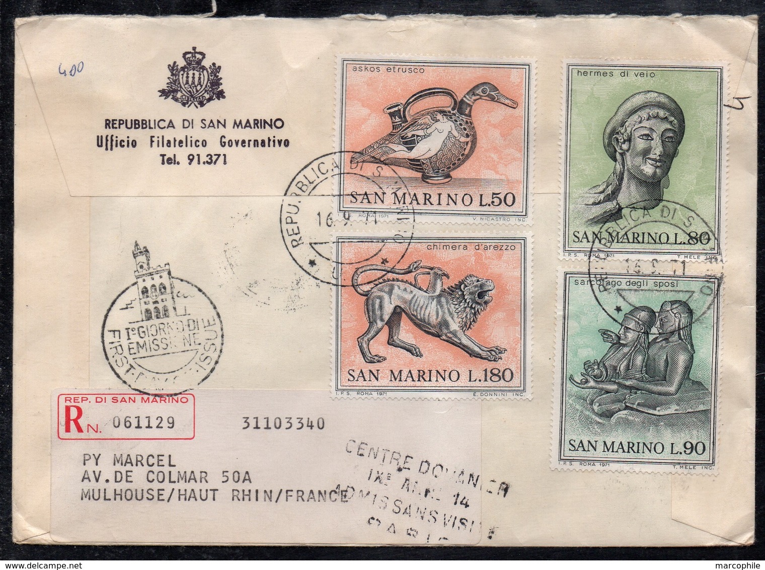 SAINT MARIN - SAN MARINO / 1971 ENVELOPPE FDC RECOMMANDEE POUR MULHOUSE (ref 8052d) - Lettres & Documents