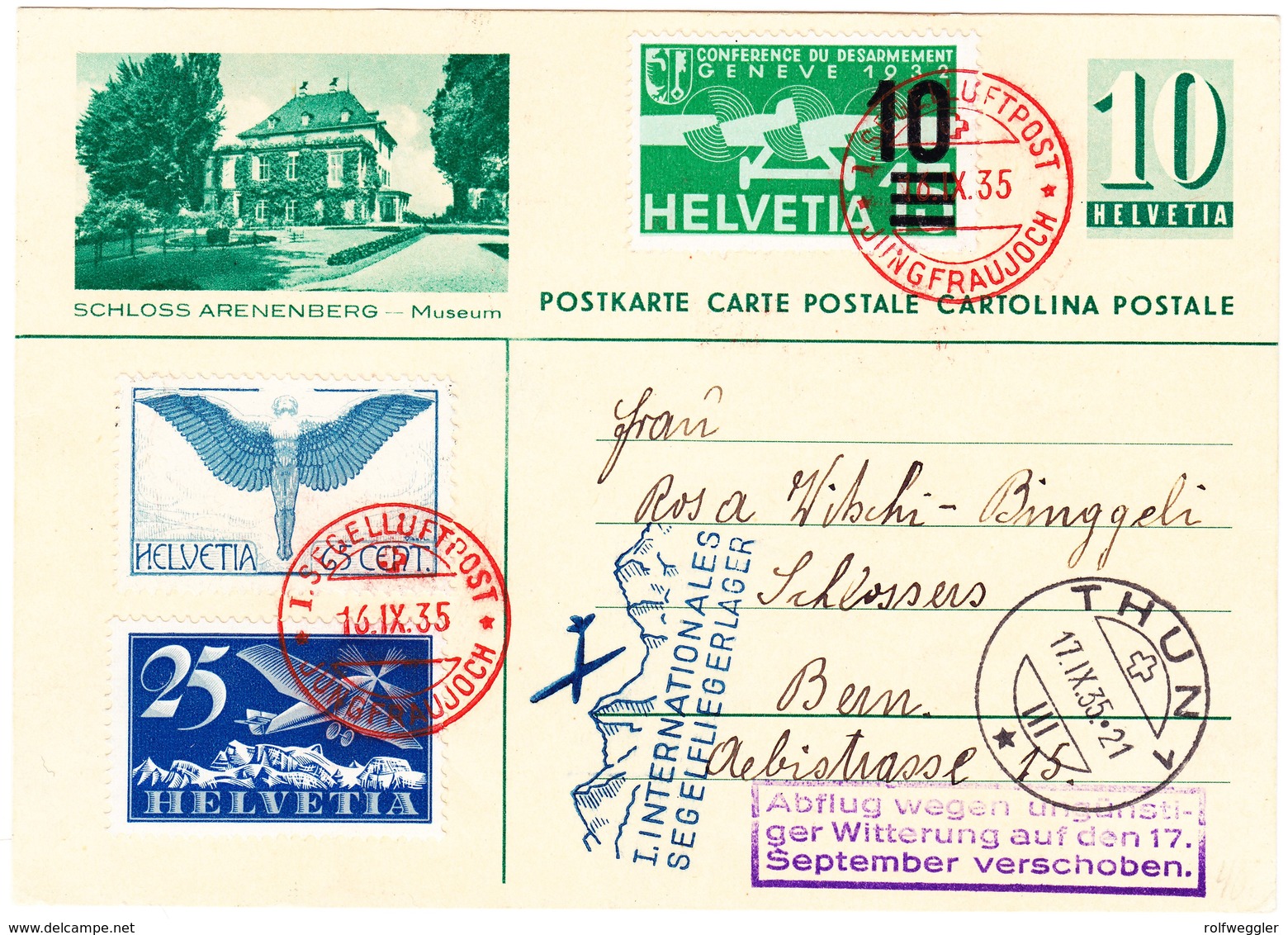 1935 Ganzsachen-Karte Mit Segelflug Stempel (verschoben)vom Jungfraujoch über Thun Nach Bern, - Oblitérés