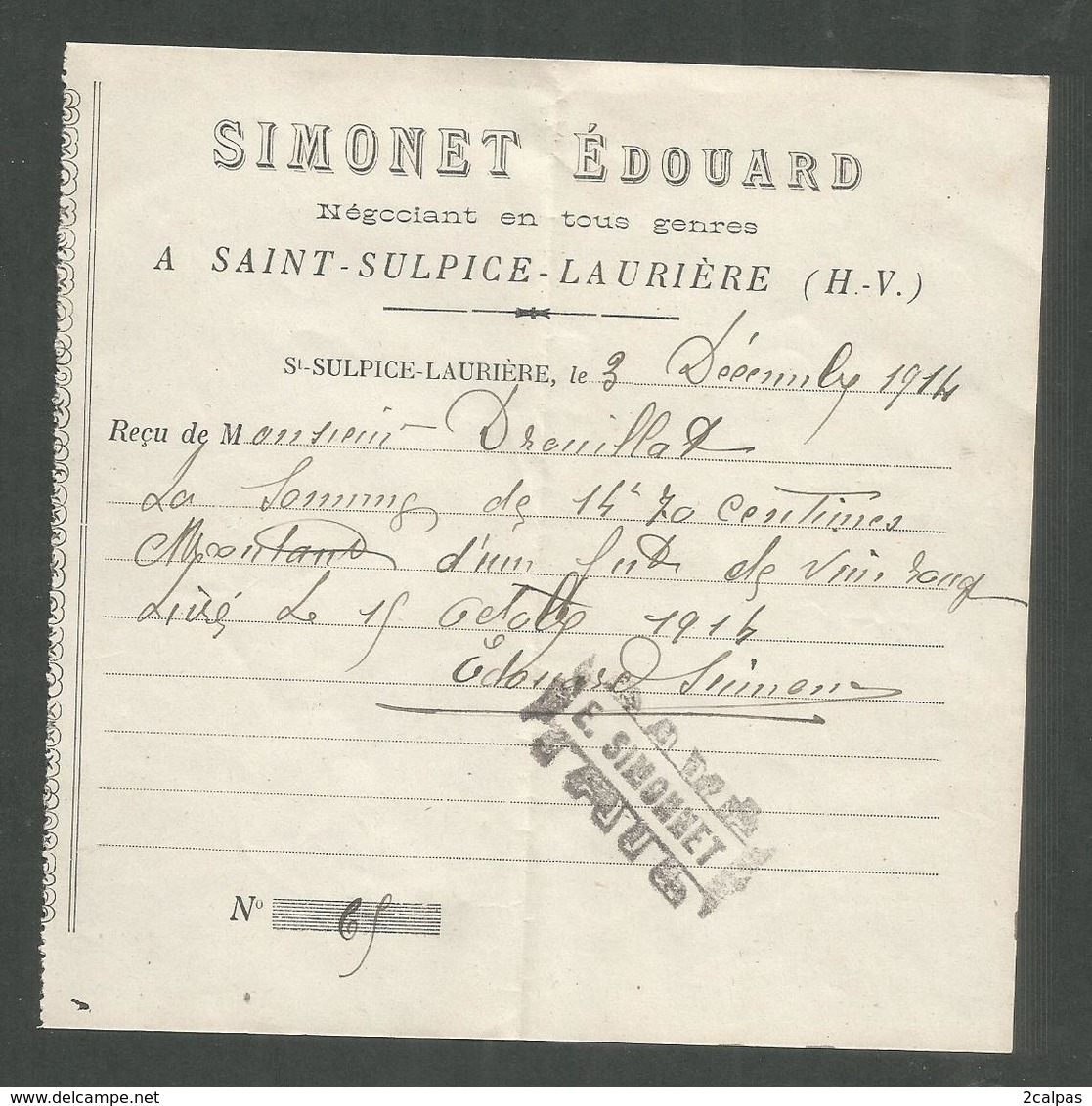 87 - St / Saint Sulpice Lauriere - Facture De 1914 - Simonet édouard - Négociant En Tous Genres - 1900 – 1949