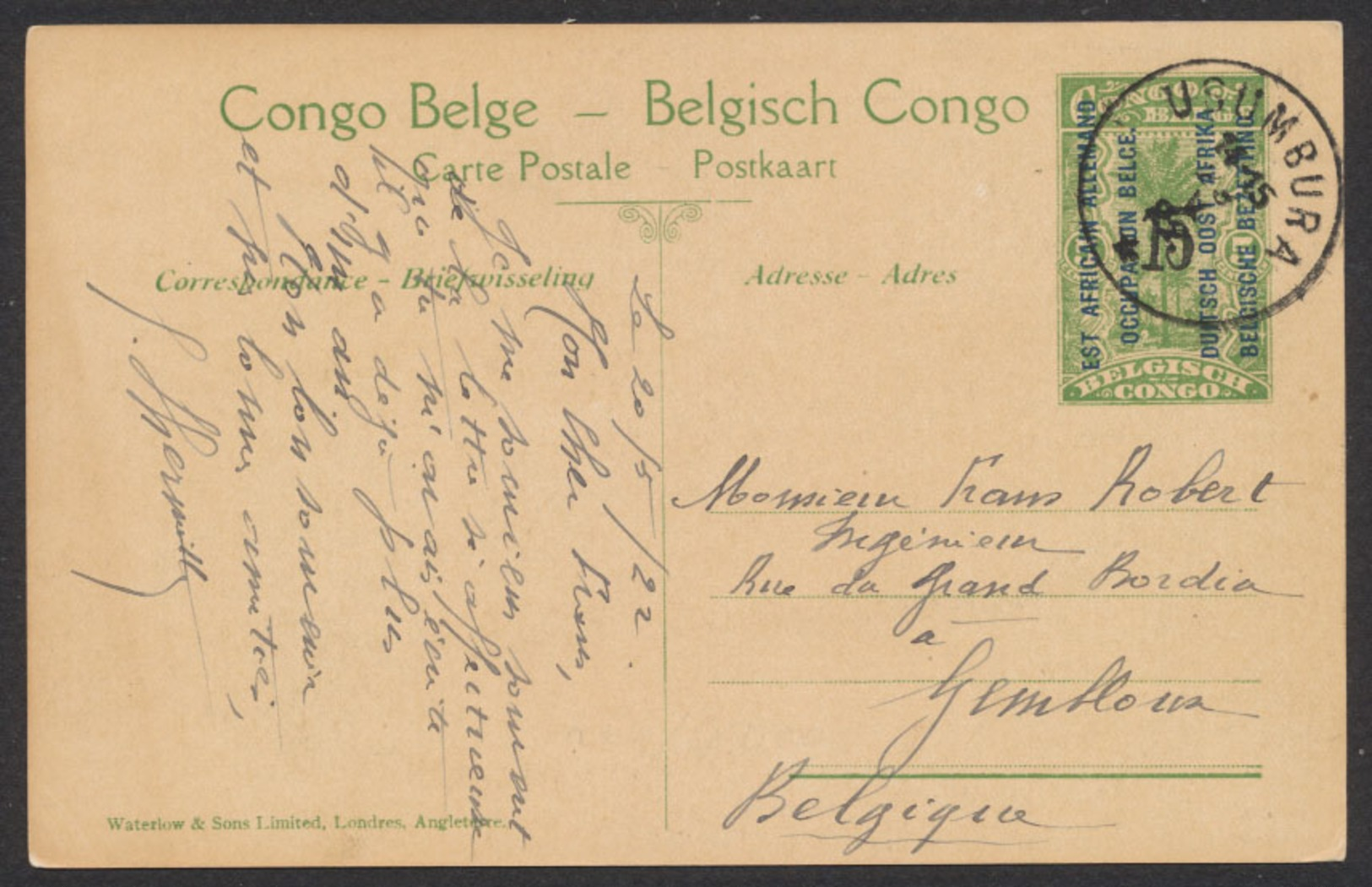 EP Au Type 5ctm Vert "Palmier" + Surcharge Est Africain Allemand Obl "Usumbura" (1 étoile, 1923) Vers Gembloux - Ganzsachen