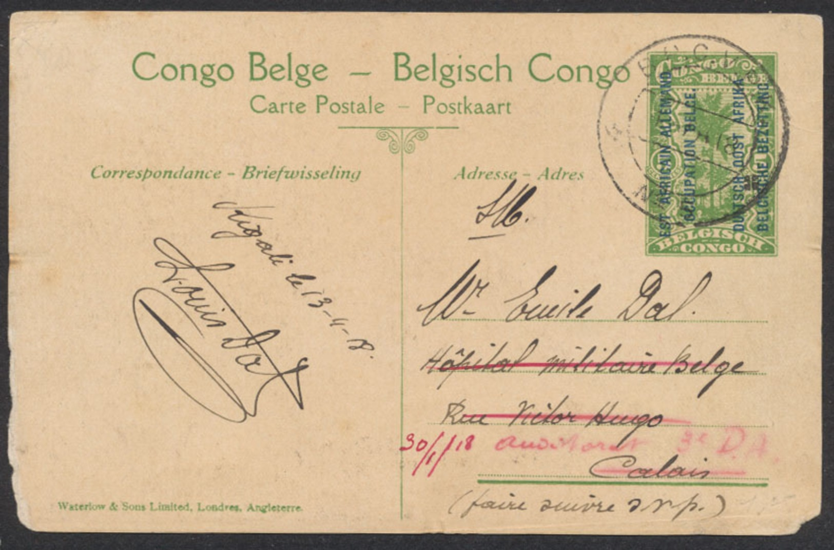 EP Au Type 5ctm Vert "Palmier" + Surcharge Est Africain Allemand Obl B.P.C.V.P.K Vers Hopital Militaire Belge à Calais - Ganzsachen