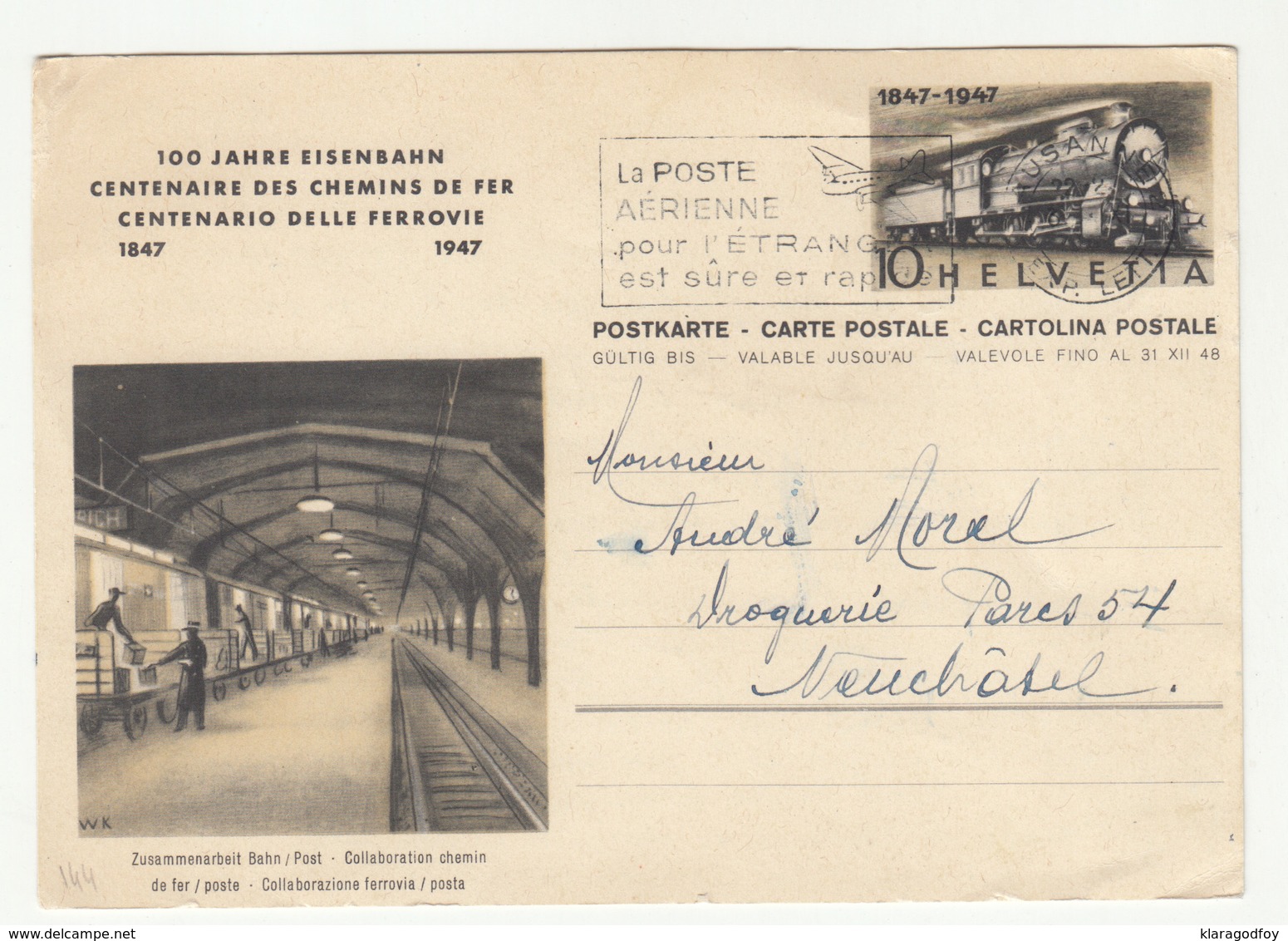 Switzerland Centenaire Des Chemins De Fer Illustrated Postal Stationery Postcard Posted 1947 B200115 - Trains