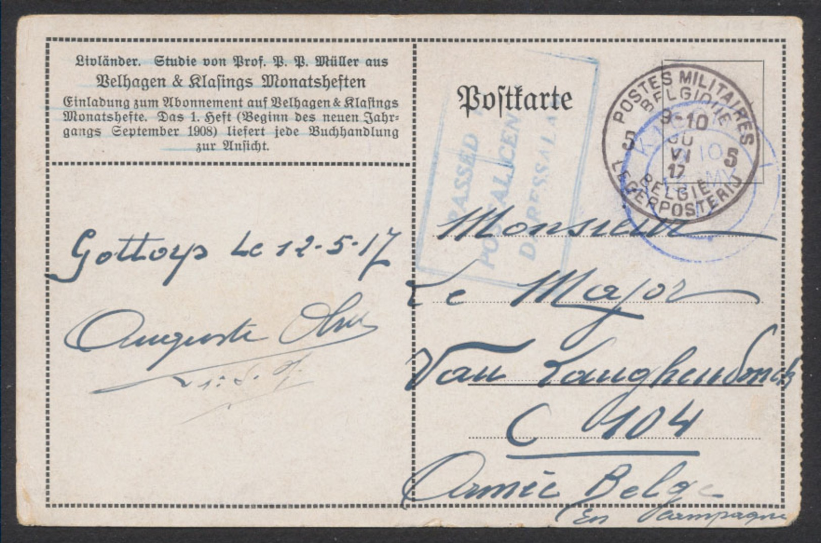 CP Allemande En Feldpost Obl Bleue DC "Kigoma" (1917) + Censure Encadrée "Passed By Postalcen Daressalam" - Autres & Non Classés