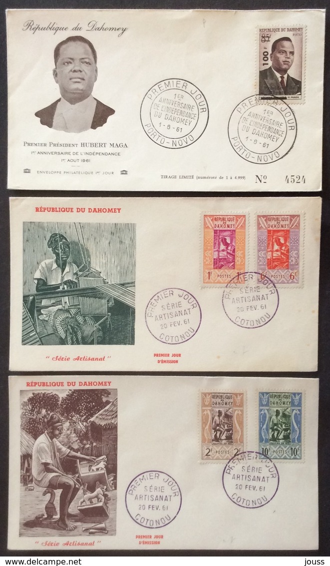 AFD4 Dahomey Président République Maga Indépendance 1/8 Série Artisanat 4 Timbre FDC Premier Jour 20/2/1961 Lot 3 Lettre - Bénin – Dahomey (1960-...)