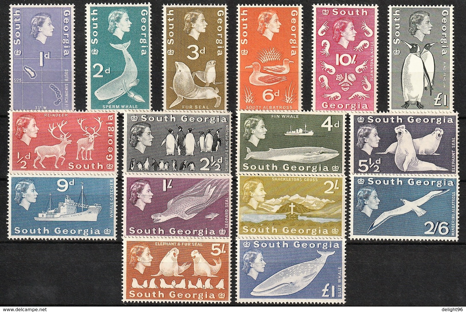 1963-69 South Georgia Definitives: Whales, Seals, Albatrosses, Penguins, Reindeer, Ship, View, Map Set (** / MNH / UMM) - Ballenas