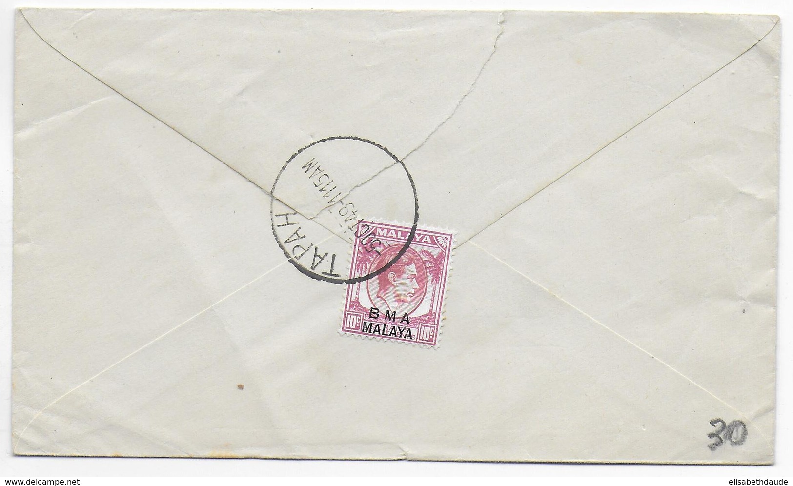 STRAITS SETTLEMENTS / BMA MALAYA - 1949 - ENVELOPPE De TAPAH ! => PENANG - Straits Settlements