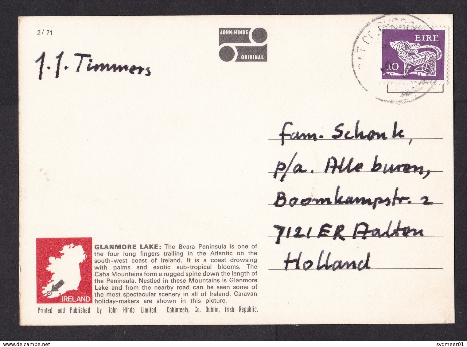 Ireland: PPC Picture Postcard To Netherlands, 1980s, 1 Stamp, Card: Glanmore Lake, Travellers (traces Of Use) - Cartas & Documentos