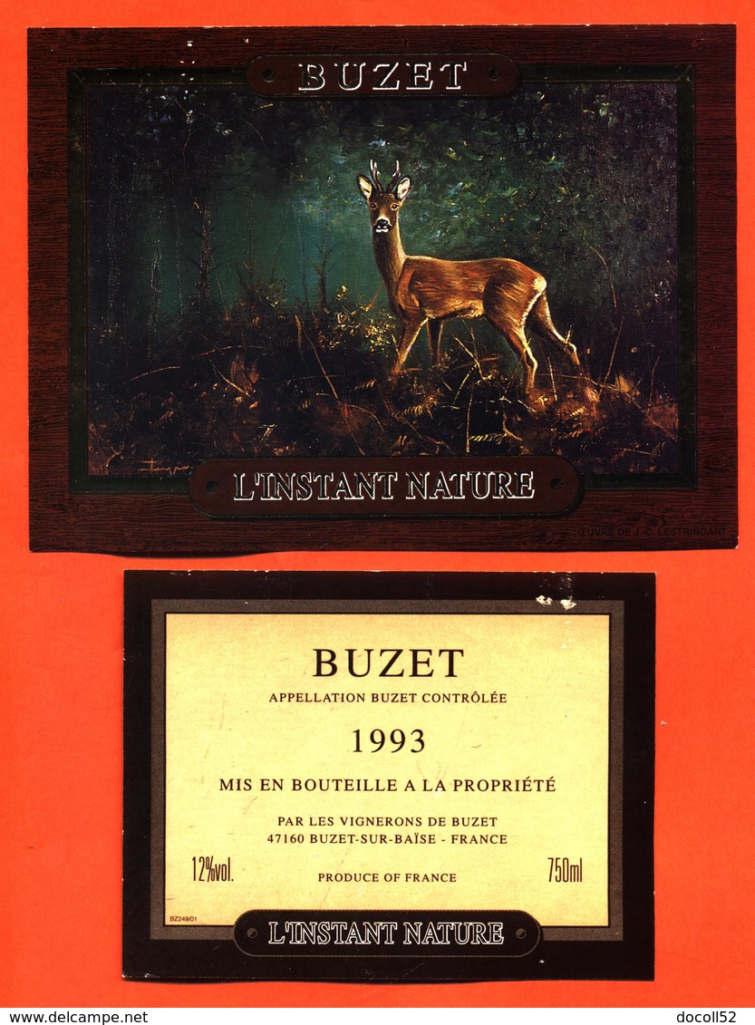 étiquette + Etiquette De Dos De Vin De Buzet 1993 L'instant Nature à Buzet Sur Baise - 75 Cl - Chevreuil - Hunting