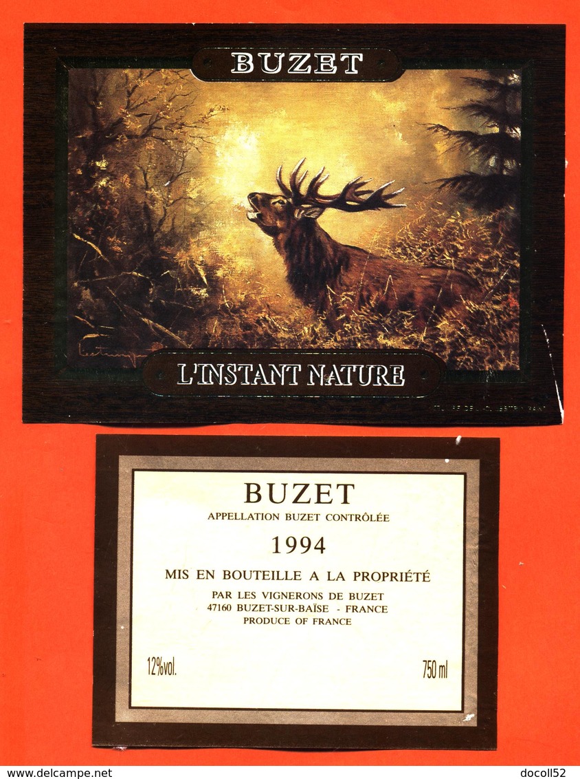 étiquette + Etiquette De Dos De Vin De Buzet 1994 L'instant Nature à Buzet Sur Baise - 75 Cl - Cerf - Jagd