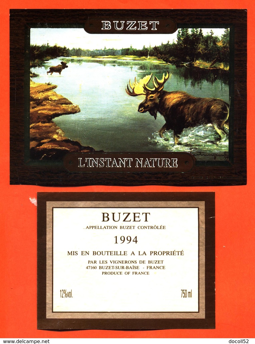 étiquette + Etiquette De Dos De Vin De Buzet 1994 L'instant Nature à Buzet Sur Baise - 75 Cl - élan - Chasse