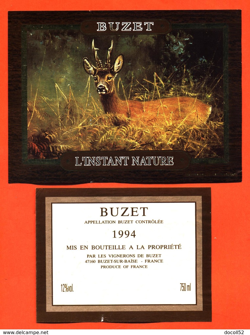 étiquette + Etiquette De Dos De Vin De Buzet 1994 L'instant Nature à Buzet Sur Baise - 75 Cl - Chevreuil - Hunting