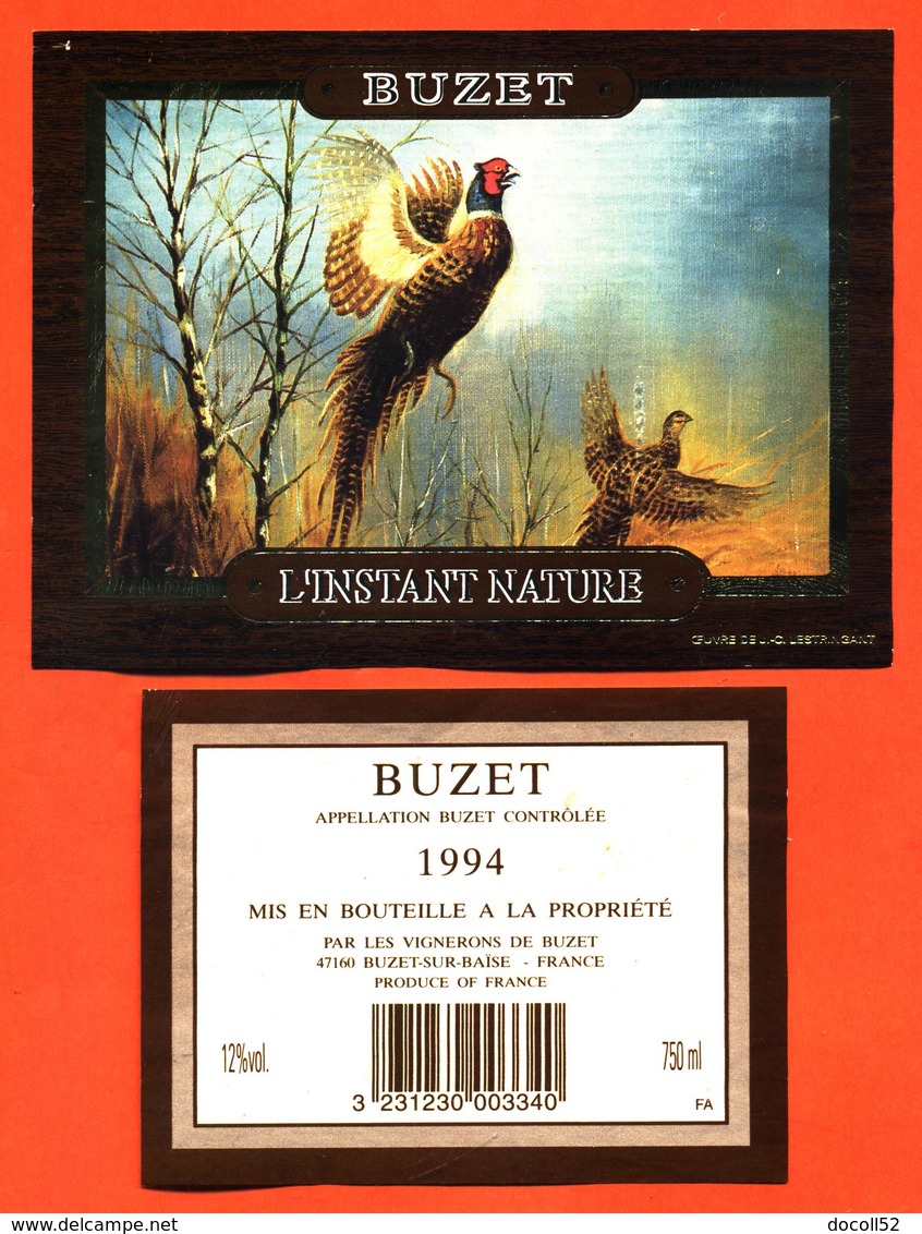 étiquette + Etiquette De Dos De Vin De Buzet 1994 L'instant Nature à Buzet Sur Baise - 75 Cl - Faisans - Chasse