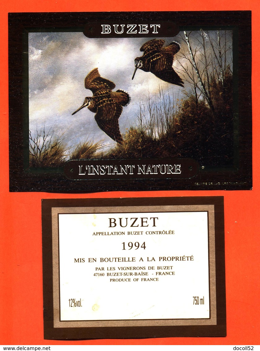 étiquette + Etiquette De Dos De Vin De Buzet 1994 L'instant Nature à Buzet Sur Baise - 75 Cl - Bécasses - Caza