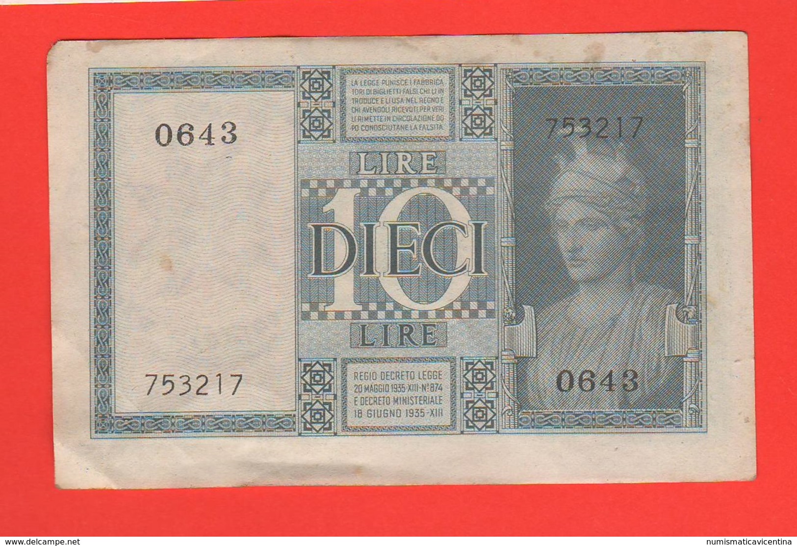 10 Lire 1939 Con Timbro Malga Praglas Friuli Regno D'Italia Curiosità - Italia – 10 Lire