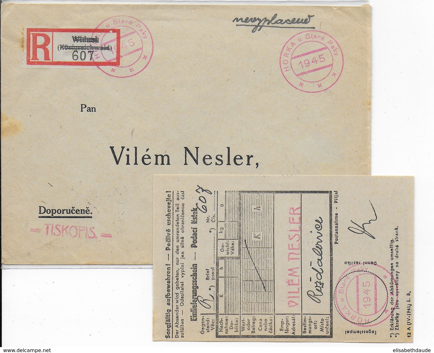 TCHECOSLOVAQUIE  - 1945 -  ENVELOPPE RECOMMANDEE Avec CACHET PROVISOIRE + ETIQUETTE ALLEMANDE BARREE De HORKA - Brieven En Documenten