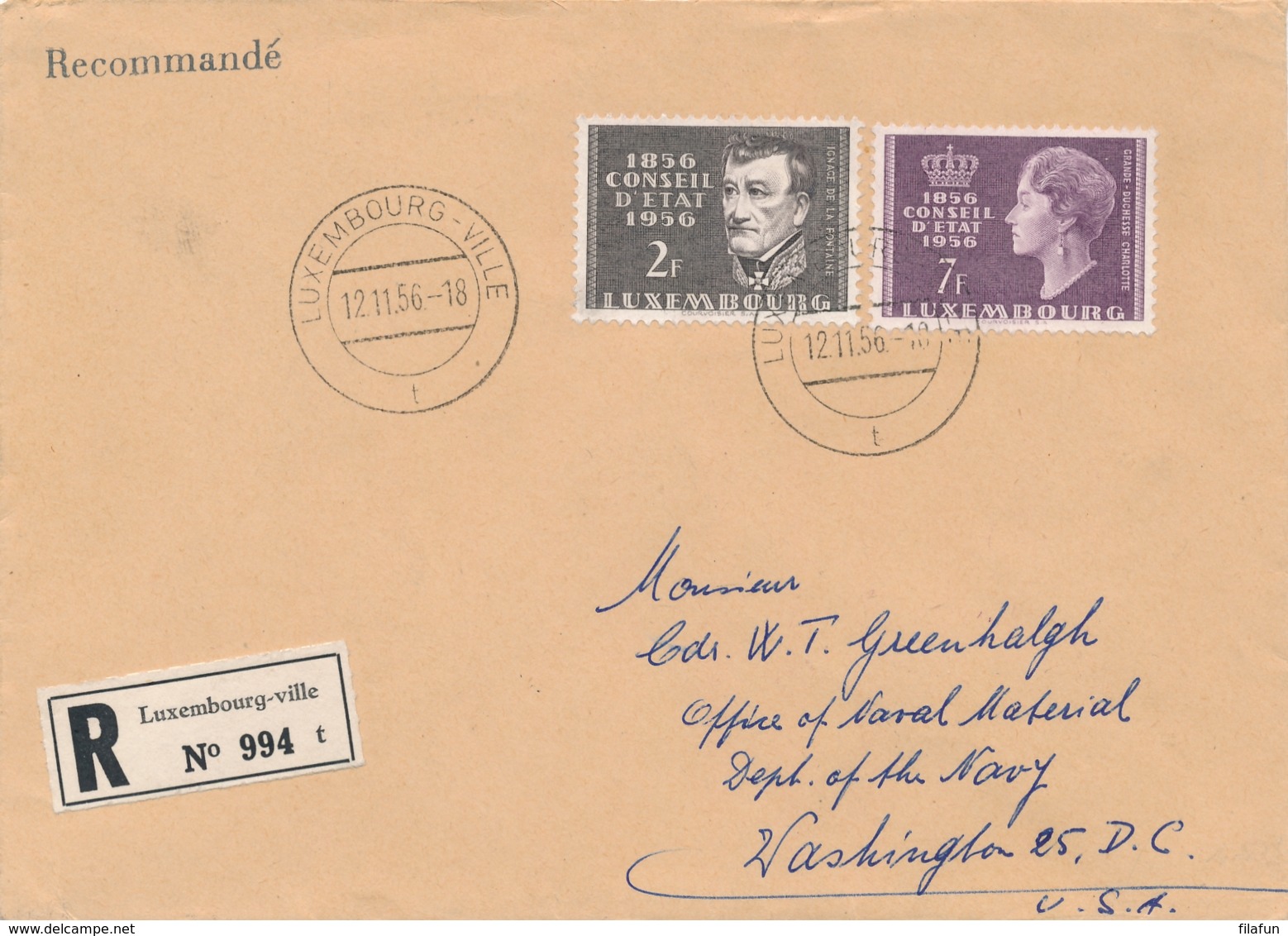 Luxemburg - 1956 - Staatsrat Set On R-cover From Luxembourg-Ville To Washington / USA - Lettres & Documents