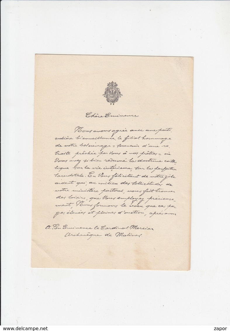 Brief / Lettre Van Paus Benedictus XV Aan Kardinaal Mercier Van Mechelen - Rome Vaticaan 1920 - Documents Historiques