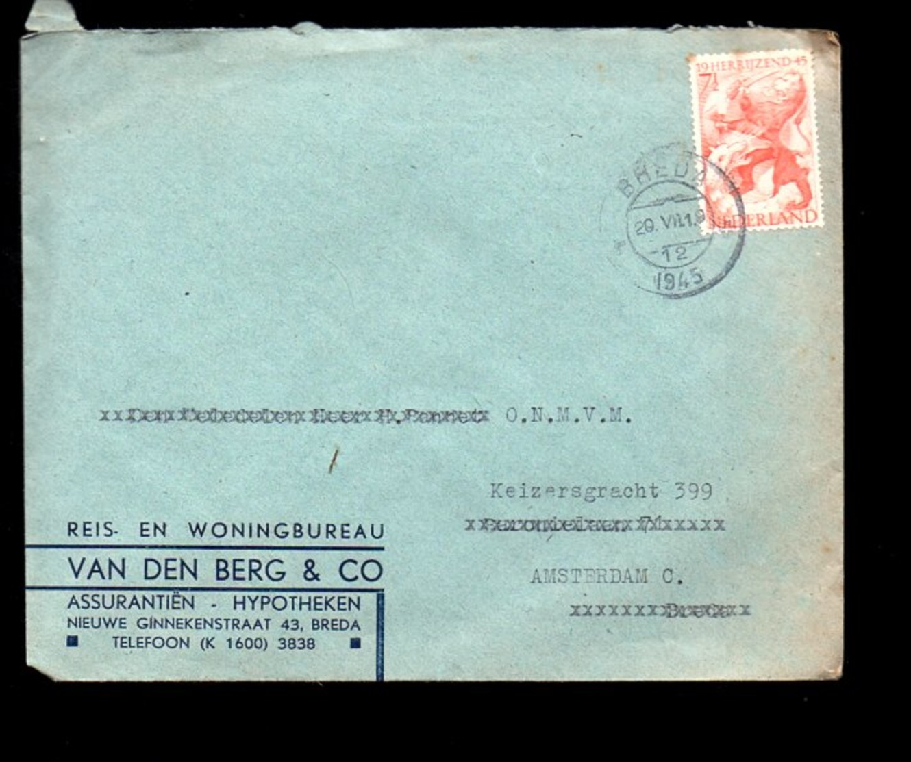 1945 Reis- En Woningbouwbureau Van Den Berg Breda Nieuwe Ginnekenstraat 43 > Molest Verzek. Mij (oorlogsclaims) (FT-44) - Lettres & Documents