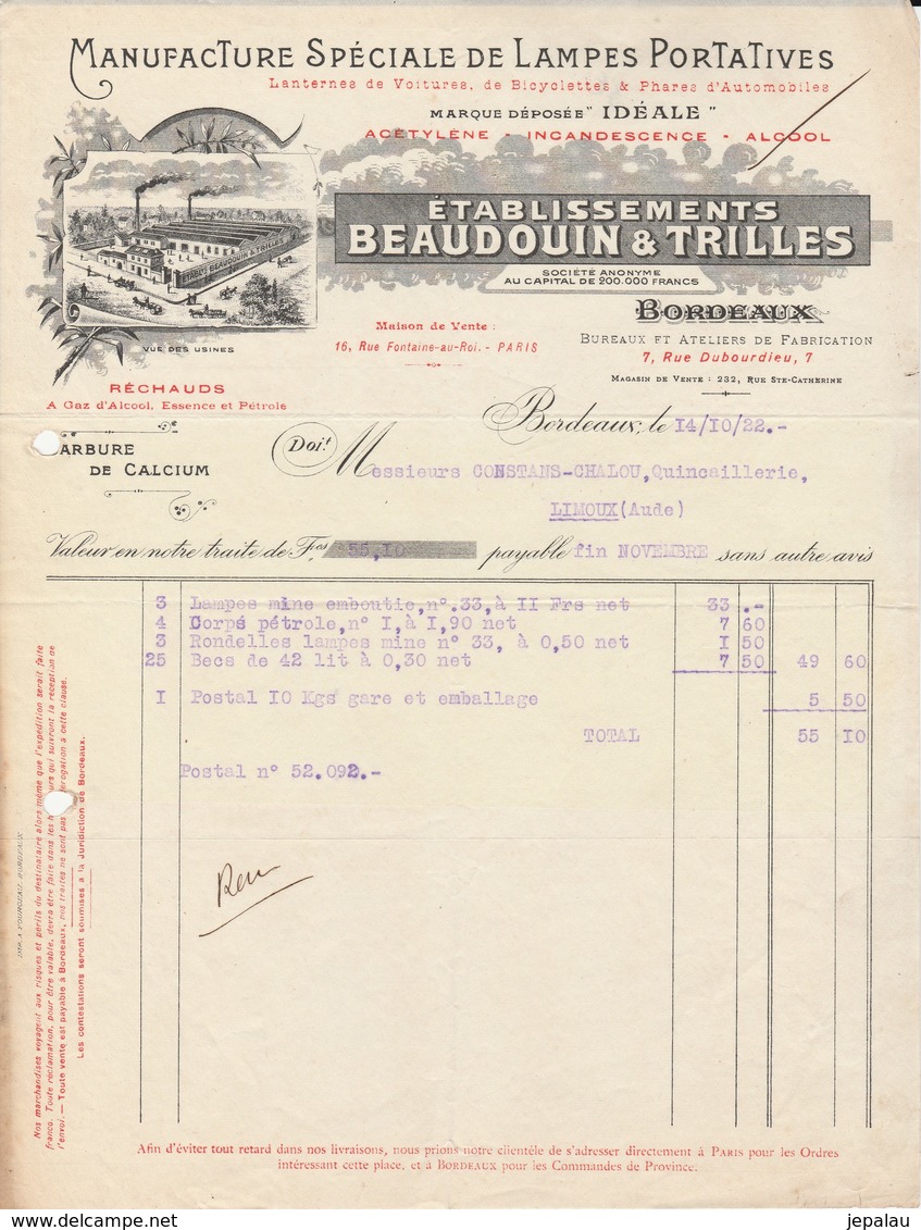 Bordeaux - Ets Beaudouin-Trilles /manufacture Lampes Portatives - 1900 – 1949