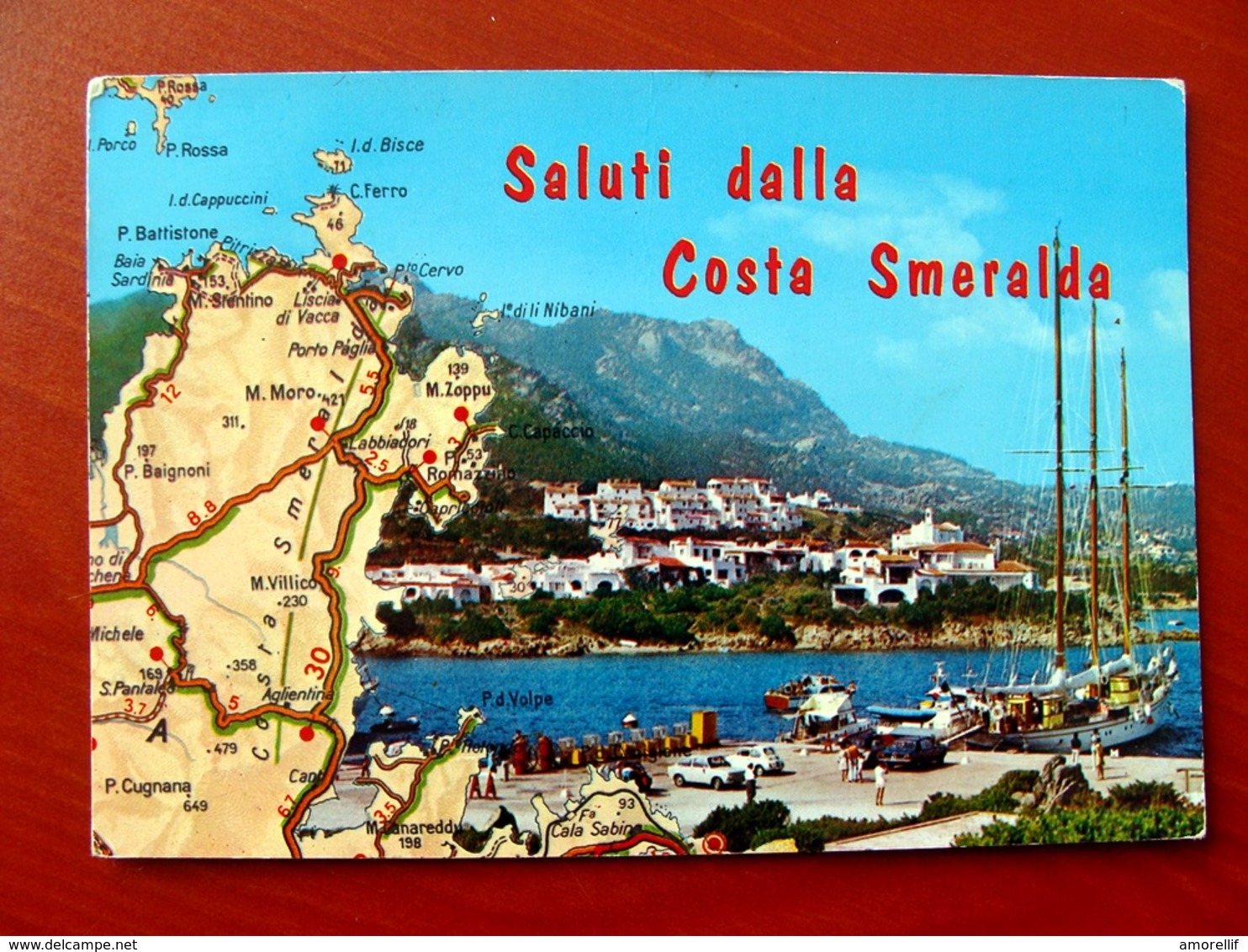 (FG.V29) Saluti Dalla COSTA SMERALDA - PORTO CERVO, CARTINA PIANTINA (SASSARI) Viaggiata 1974 - Sassari