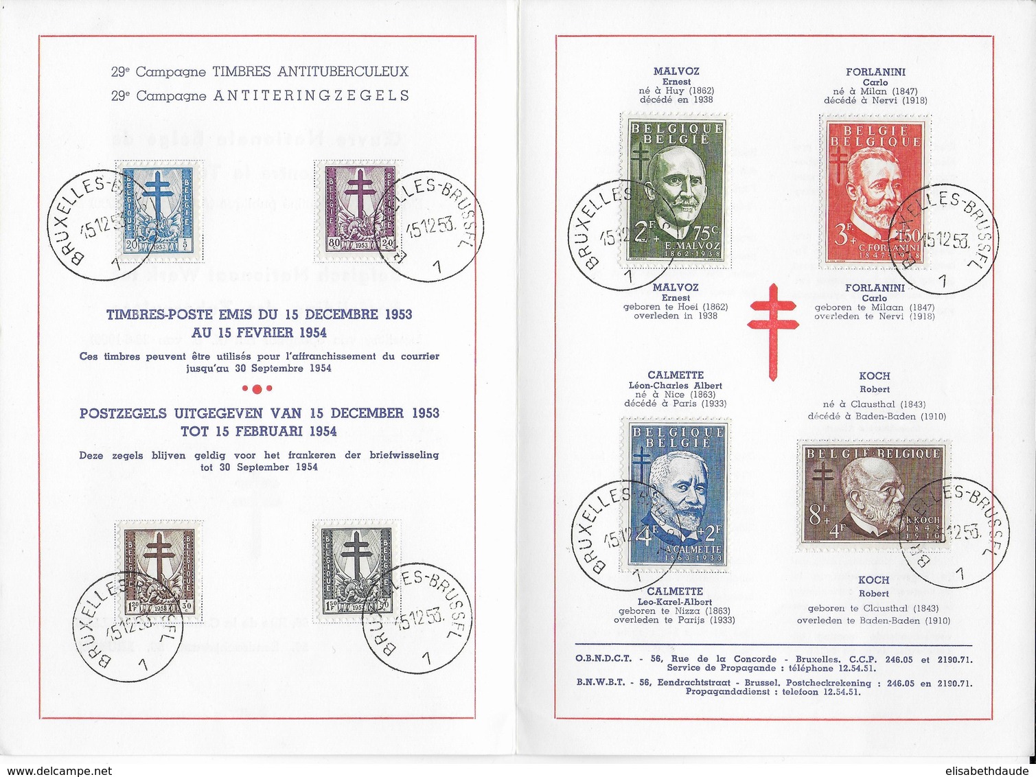 BELGIQUE - 1953 - YT 930/937 SERIE OEUVRES ANTI-TUBERCULEUSES Sur FEUILLET SPECIAL - Lettres & Documents