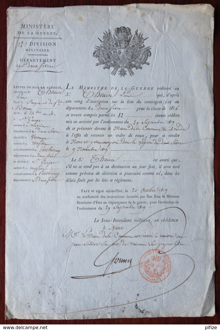 Ordre D'incorporation Dans La Légion Des Deux-Sèvres . Signé Gonnet , Sous-intendant Militaire à Niort . 1819 . - Documents