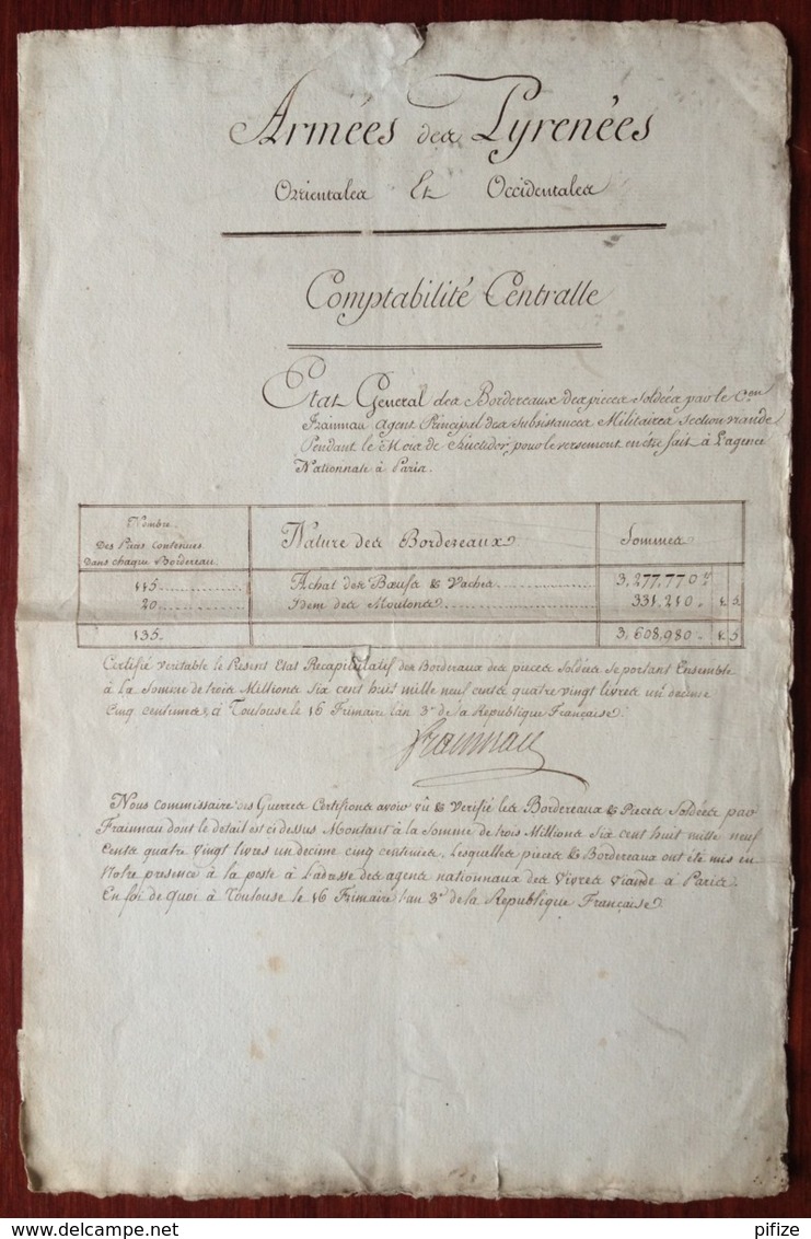 Armée Des Pyrénées 1794 . Comptabilité Centrale . Achats De Viande (boeuf Et Mouton) Pour 3,6 Millions De Livres . - Documenten